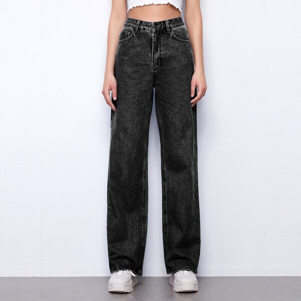 

High Waisted Solid Jeans, Black