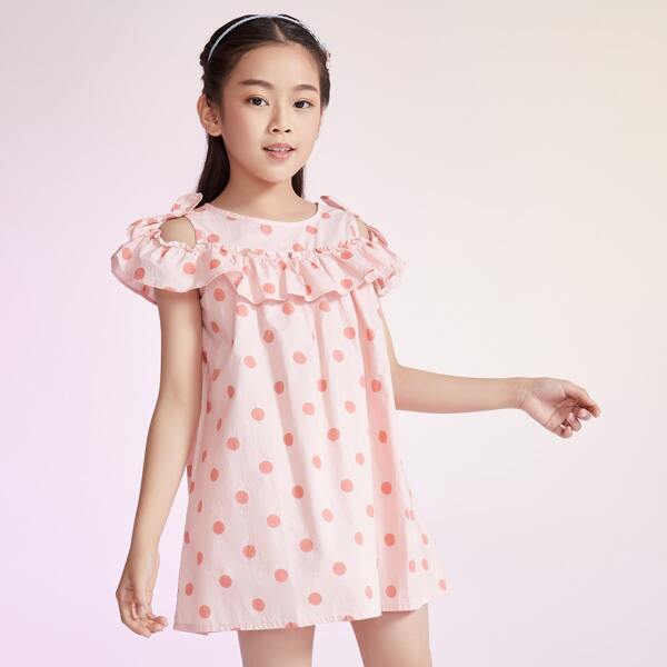

Girls Bow Cold Shoulder Ruffle Trim Polka Dot Dress, Pastel baby pink