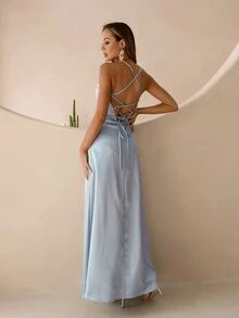 ANGEL FASHIONS Lace Up Backless Cami Dress - Dusty Blue - View 2