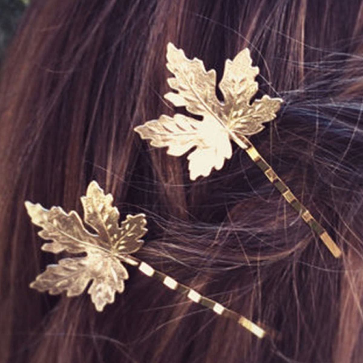 

2pcs Maple Design Bobby Pin, Gold