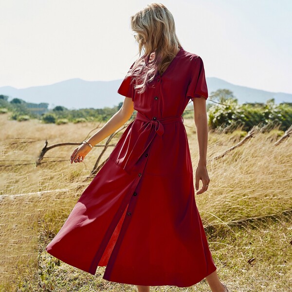 

Solid Button Up Belted Dress, Burgundy