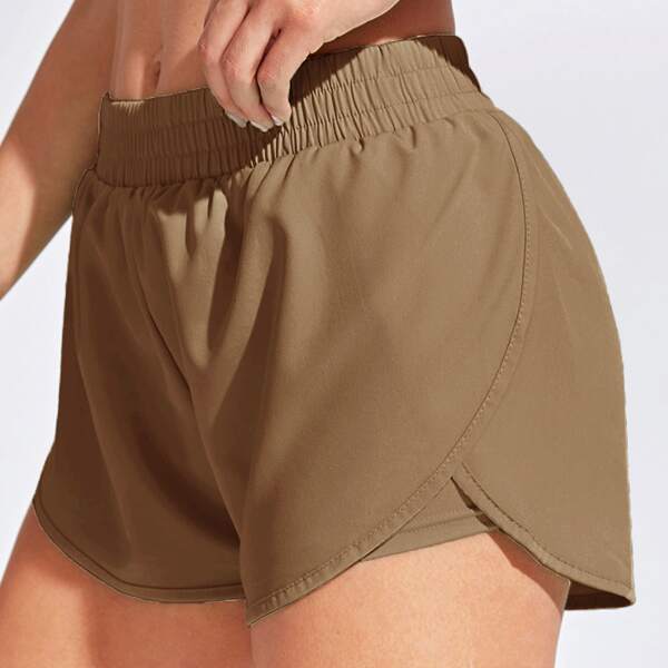 

Solid Elastic Waist Sports Shorts, Mocha brown