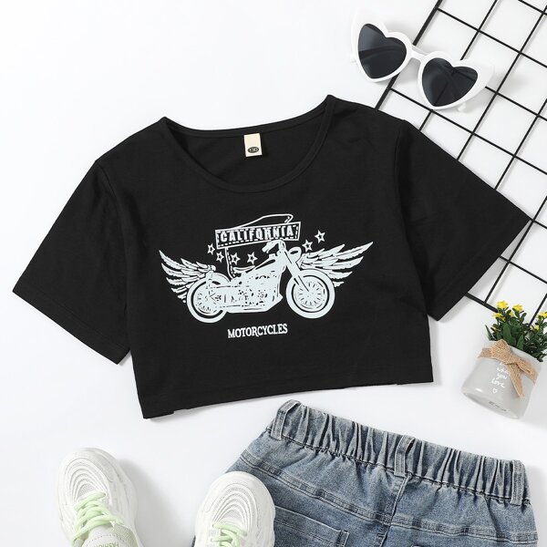 

Girls Motorcycle & Letter Graphic Crop Tee, Black