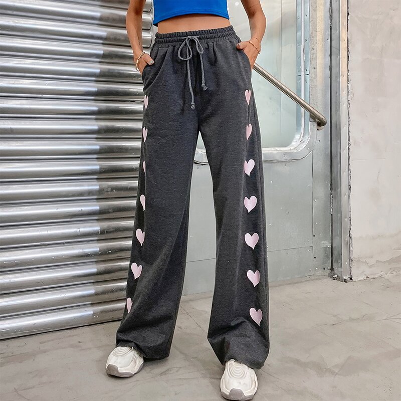 

Heart Print Drawstring Waist Sweatpants, Dark grey