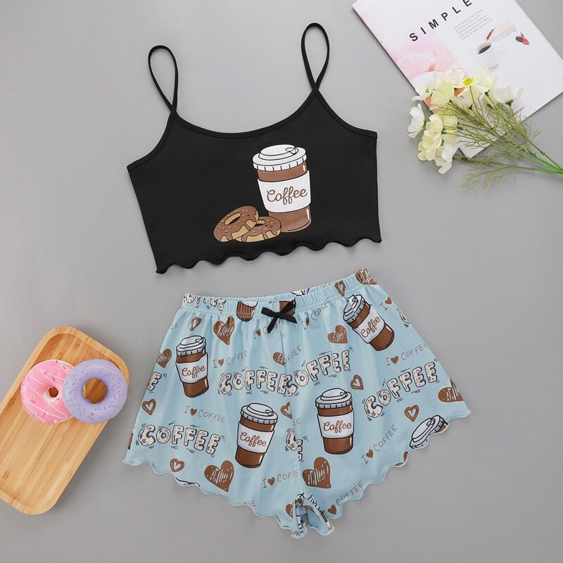 

Cartoon Graphic Lettuce Trim Cami Pajama Set, Multicolor