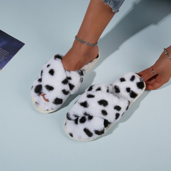 

Cross Band Fluffy Slippers, Black and white