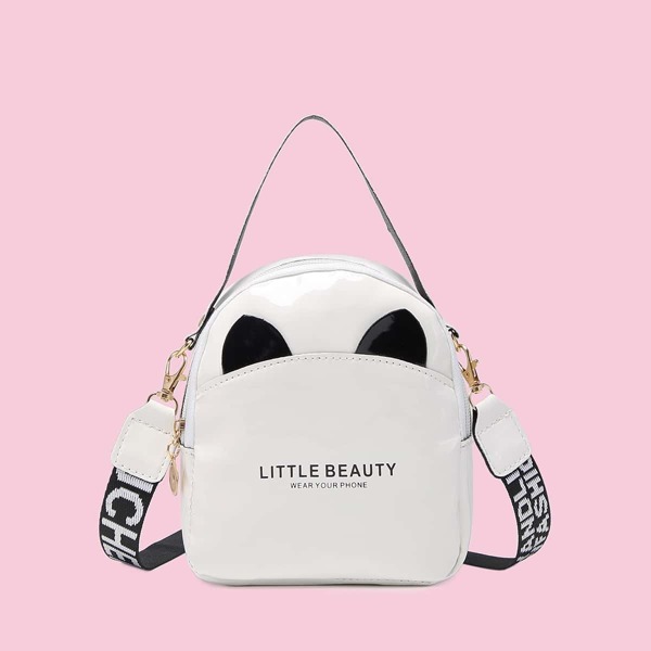 

Patent Ear Decor Letter Graphic Satchel Bag, White
