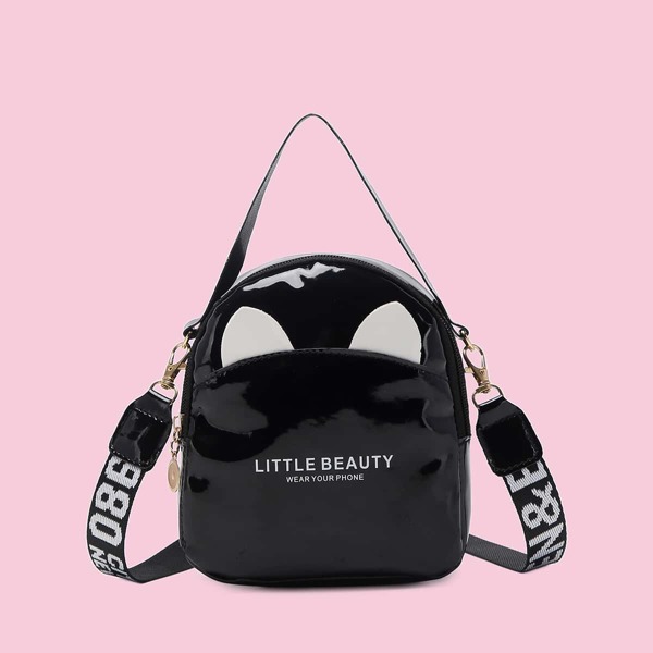 

Patent Ear Decor Letter Graphic Satchel Bag, Black