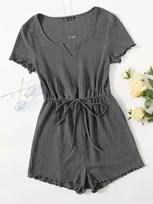 SHEIN LUNE Notched Neck Lettuce Trim Romper - Dark Grey - View 1