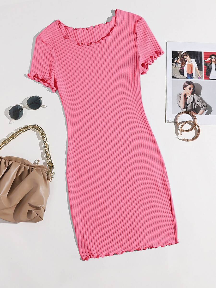 SHEIN EZwear Dress Lettuce Trim Plain Casual - Berwarna merah muda - View 1
