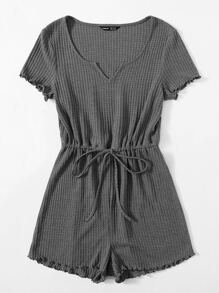 SHEIN LUNE Notched Neck Lettuce Trim Romper - Dark Grey - View 5