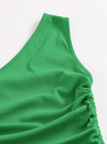 SHEIN BAE 單肩抽褶結飾包臀連衣裙 - 綠色 - 查看 4