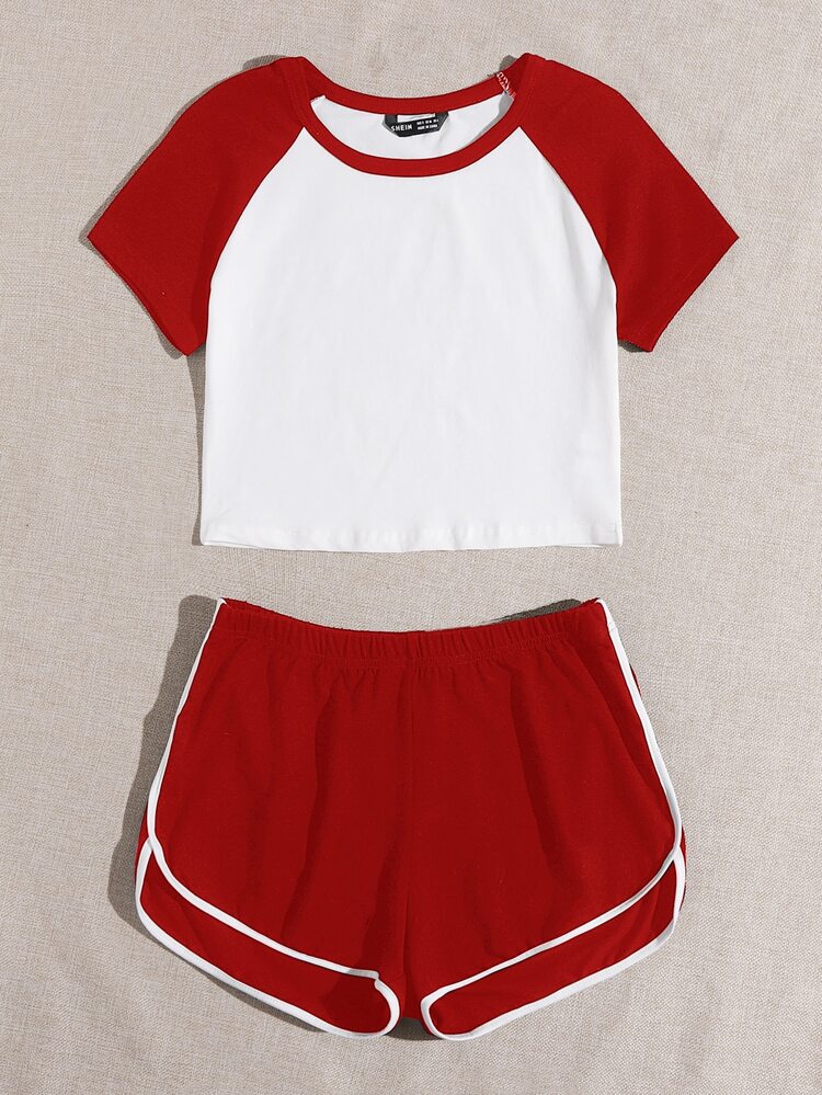 Muchica Raglan Sleeve Crop Top & Dolphin Shorts Set - Red and White - View 5