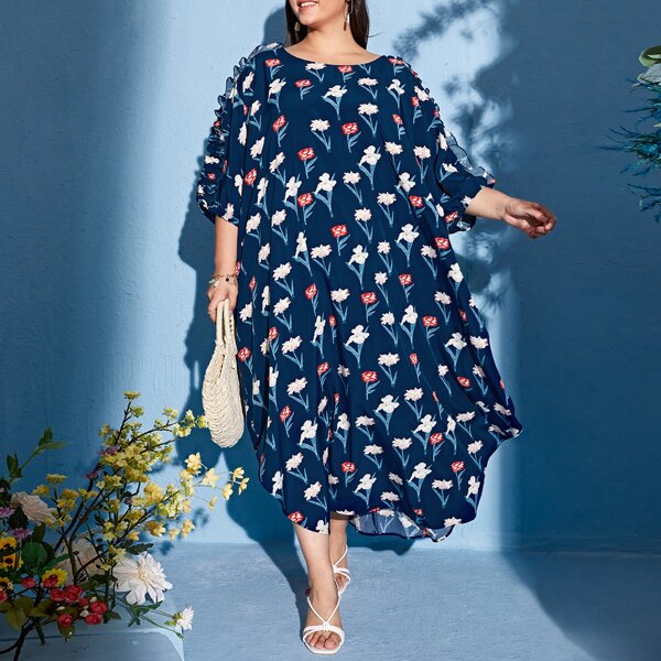 

Plus Allover Floral Kaftan Dress, Navy blue