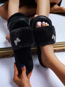 Rhinestone Decor Fluffy Slippers - Black - View 1