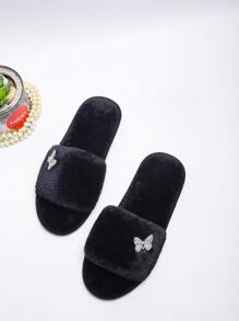 Rhinestone Decor Fluffy Slippers - Black - View 2