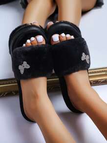 Rhinestone Decor Fluffy Slippers - Black - View 4