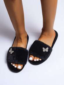 Rhinestone Decor Fluffy Slippers - Black - View 5