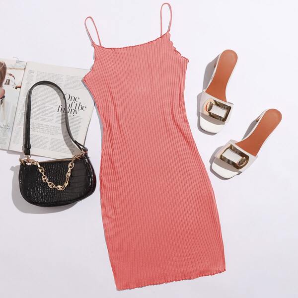 

Lettuce Trim Bodycon Dress, Coral pink