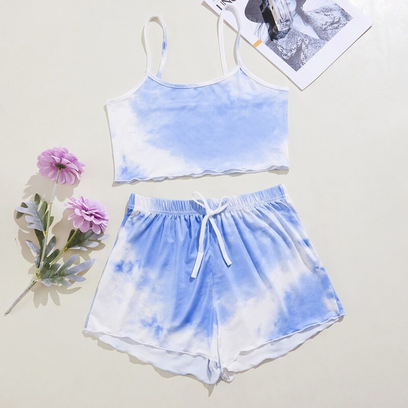 

Tie Dye Print Cami Lounge Set, Blue and white