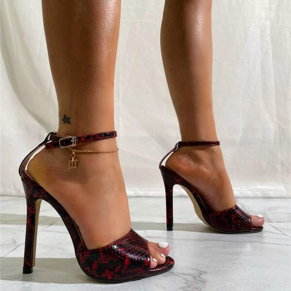 

Snakeskin Ankle Strap Stiletto Sandals, Multicolor