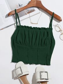 SHEIN EZwear Áo hai dây Xù nhỏ màu trơn Giải trí - Màu xanh lá cây đậm - Xem 1