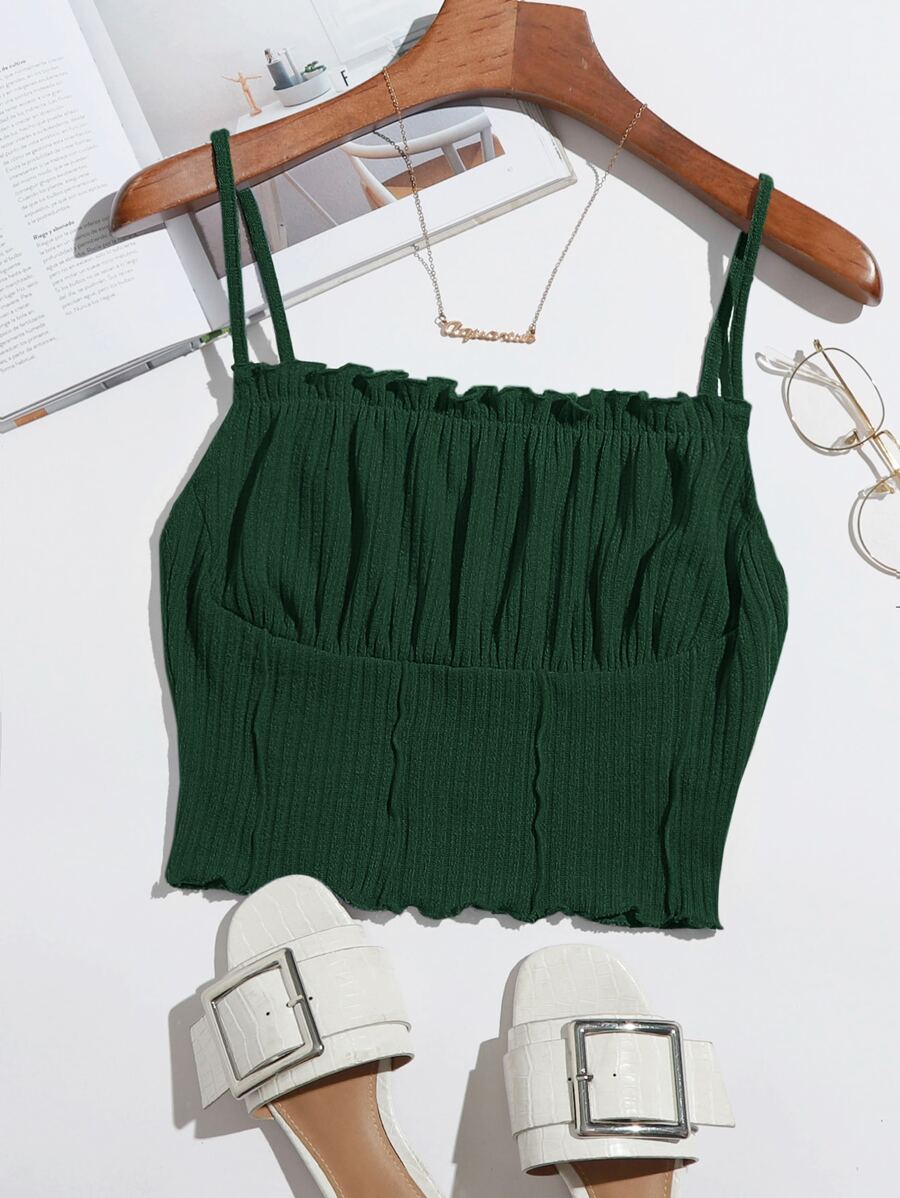 SHEIN EZwear Áo hai dây Xù nhỏ màu trơn Giải trí - Màu xanh lá cây đậm - Xem 1