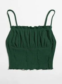 SHEIN EZwear Áo hai dây Xù nhỏ màu trơn Giải trí - Màu xanh lá cây đậm - Xem 3