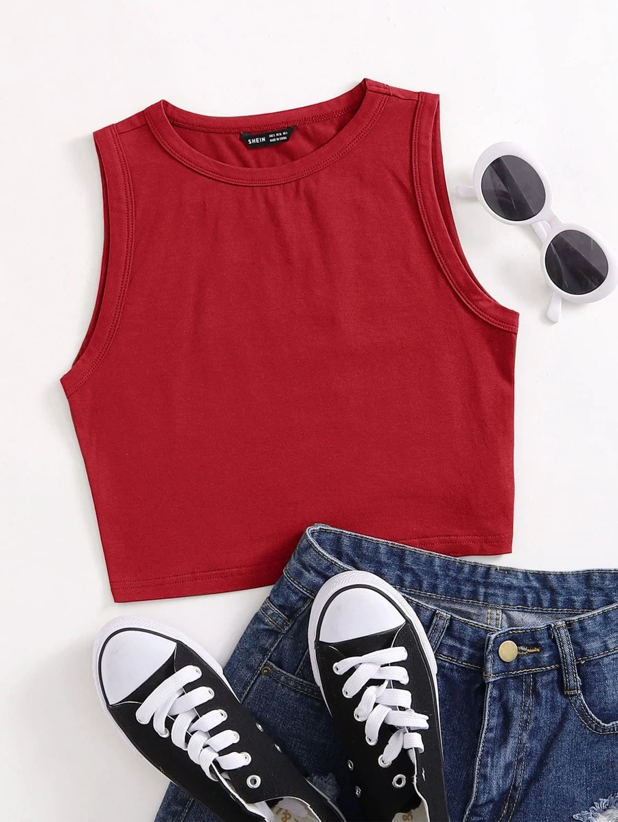SHEIN EZwear Solid Crop Tank Top - Red - View 1