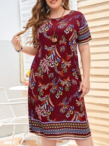 EMERY ROSE Đầm Plus Size Hình học Boho - Màu Đỏ Sâu - Xem 1