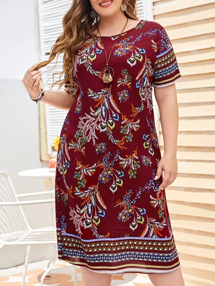 EMERY ROSE Đầm Plus Size Hình học Boho - Màu Đỏ Sâu - Xem 1