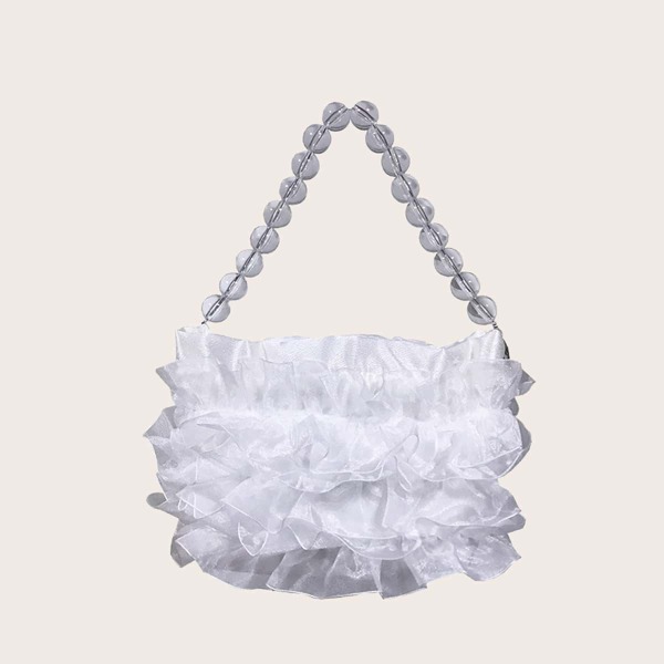 

Mini Beaded & Tiered Layer Decor Shoulder Bag, White