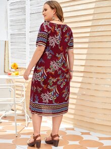 EMERY ROSE Đầm Plus Size Hình học Boho - Màu Đỏ Sâu - Xem 2