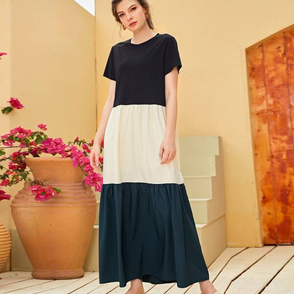 

Cut And Sew Maxi Smock Dress, Multicolor