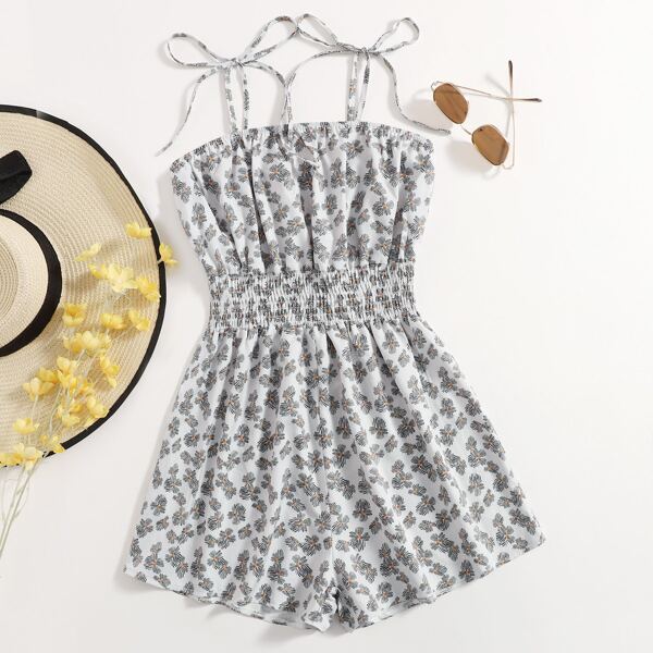 

Tie Shoulder Shirred Waist Floral Cami Romper, Multicolor