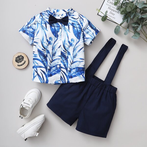 

Baby Boy Bow Neck Tropical Print Shirt & Suspender Shorts, Blue and white