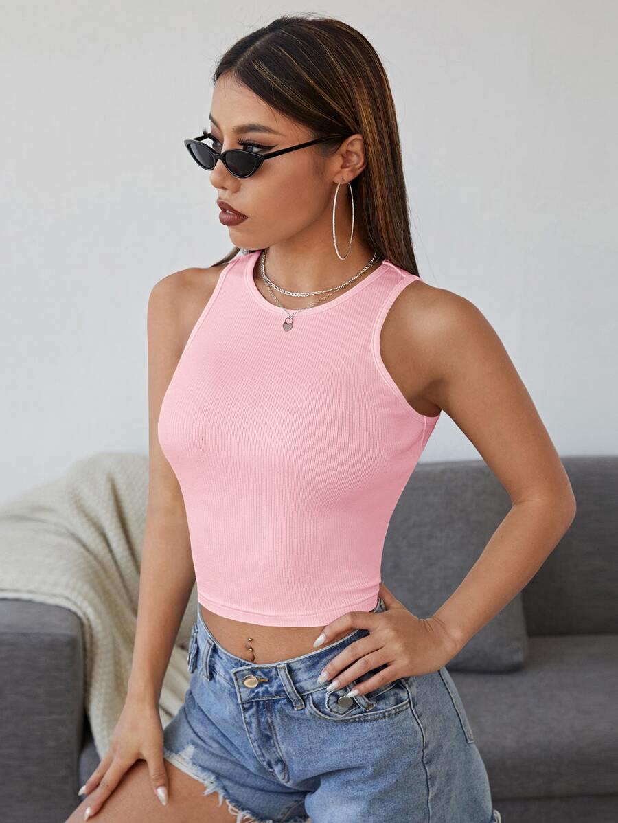 SHEIN EZwear 素色短版背心上衣 - 淺粉色 - 查看 1