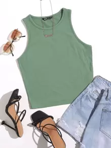 SHEIN EZwear 素色短版背心上衣 - 綠色 - View 1