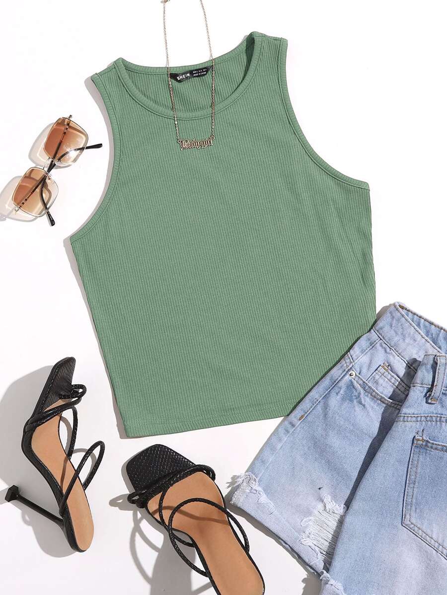SHEIN EZwear 素色短版背心上衣 - 綠色 - View 1