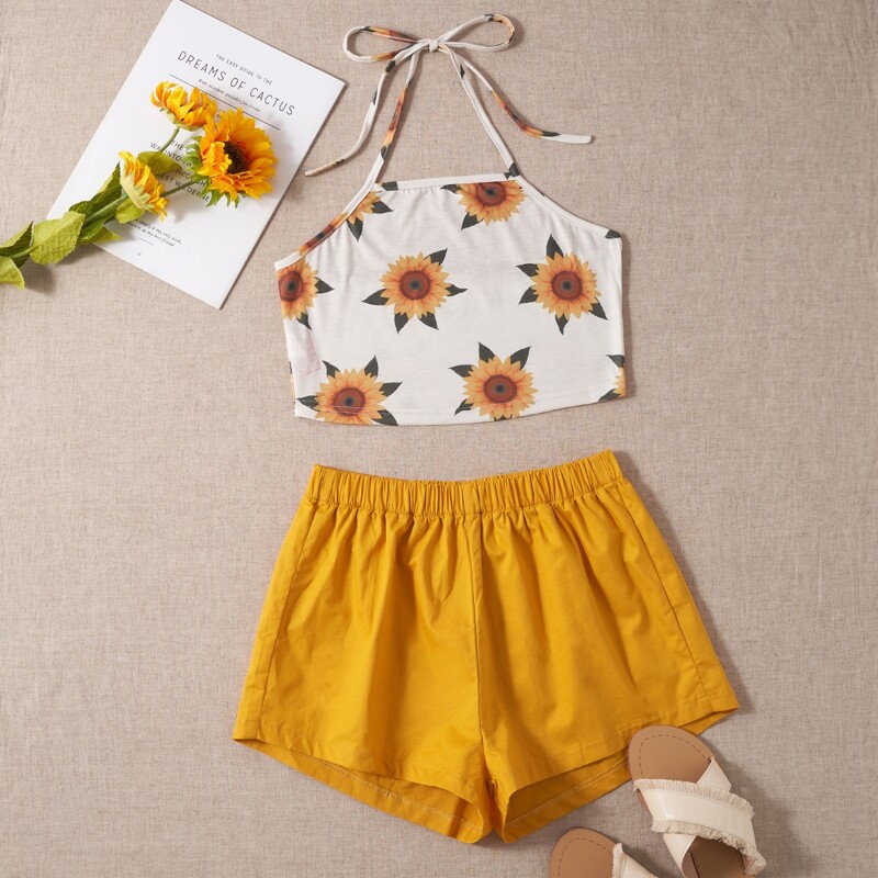 

Sunflower Print Halter Top & Shorts, Multicolor