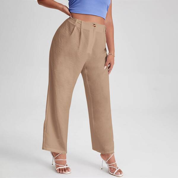 

Plus Solid Wide Leg Pants, Apricot