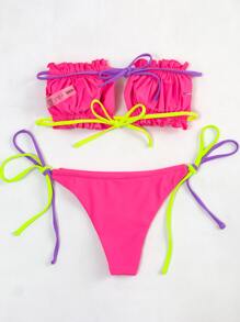 Summer Ruched Frill Bandeau Tie Side Bikini Set