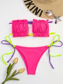 Summer Ruched Frill Bandeau Tie Side Bikini Set