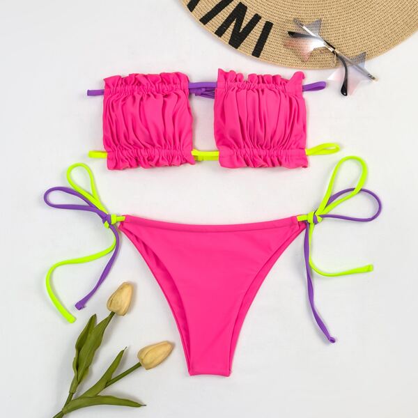 

Ruched Frill Bandeau Tie Side Bikini Swimsuit, Hot pink