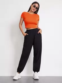 SHEIN EZwear Rib-knit Crop Top - Orange - View 4