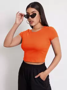 SHEIN EZwear Rib-knit Crop Top - Orange - View 6
