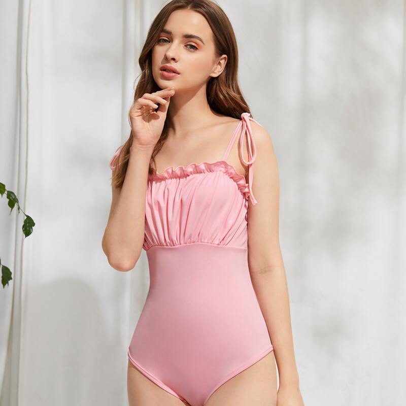 

Solid Ruched Bust Tie Shoulder Bodysuit, Baby pink