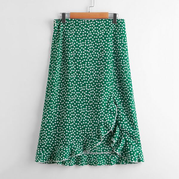 

Ruffle Trim Wrap Ditsy Floral Skirt, Green