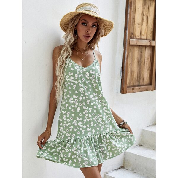 

Daisy Floral Ruffle Hem Cami Dress, Mint green