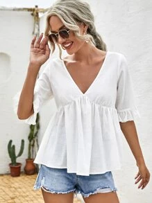 SHEIN Unity 荷葉邊娃娃上衣 - 白色 - 查看 1